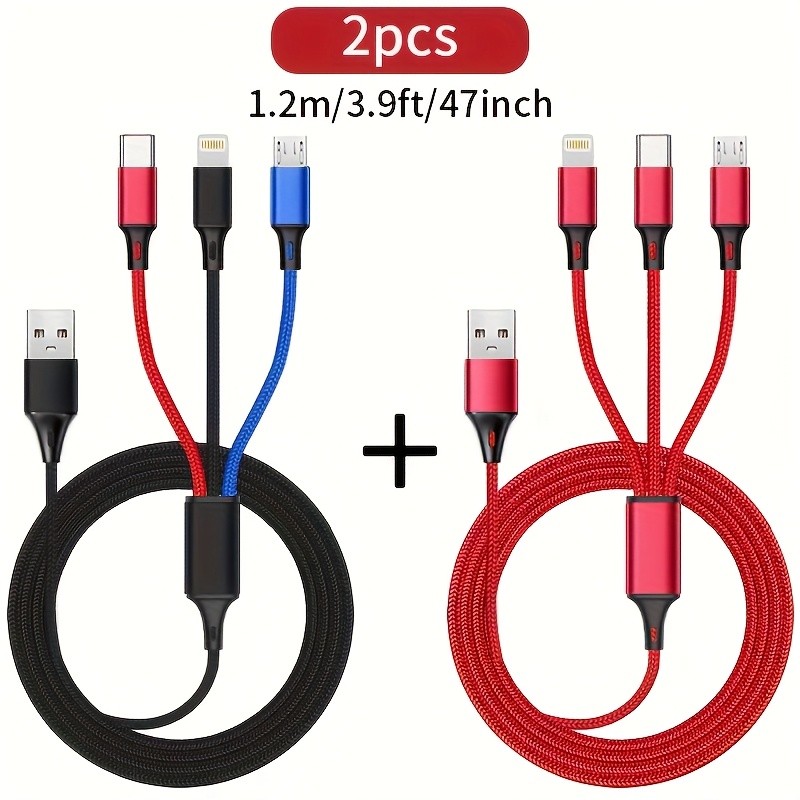 Image of 2pcs 3-in-1 Fast Charging Usb Cable Nylon Braided For Iphone 14 13 12 Pro Max Xs Max Charger Cable For Redmi Oneplus Usb Phones S20a13 S10 Note 20 10 9 Moto Type-c Cable For Iphone