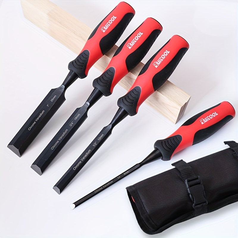 

4pcs Wood Chisel Set Chrome Vanadium Steel Sharp Carving Bevel Edge Soft Grip 1/4 In, 1/2 In, 3/4 In, 1 In Carving Chisels For Woodworking Tools With Storage Bag