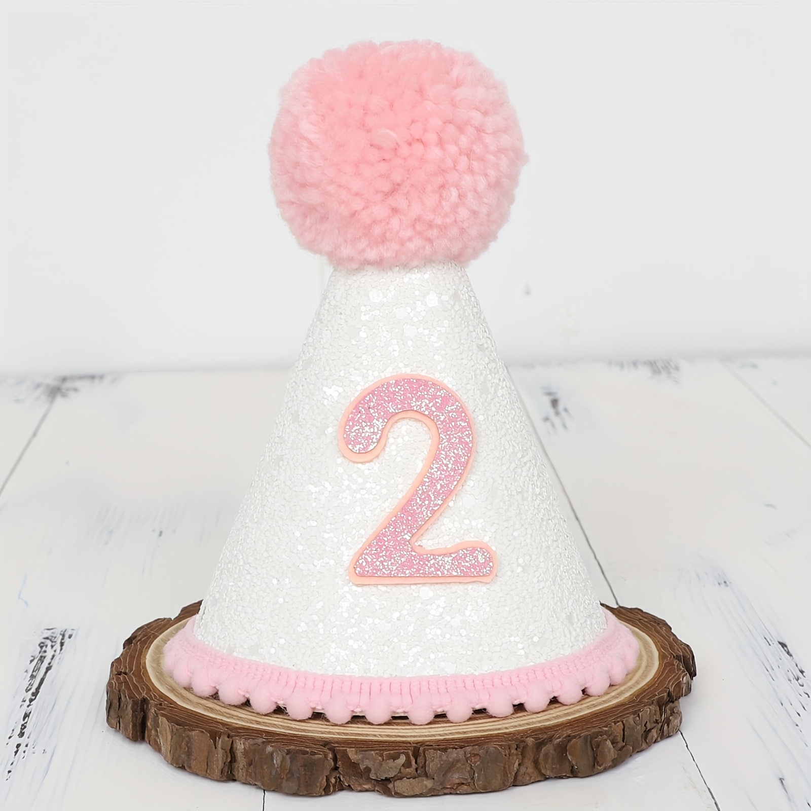 2Nd Birthday Party Hat Pink Furry Pom Top, Sparkly White Cone with  Celebrations, Festive Party Accessory Sparkly Party Hat  Durable