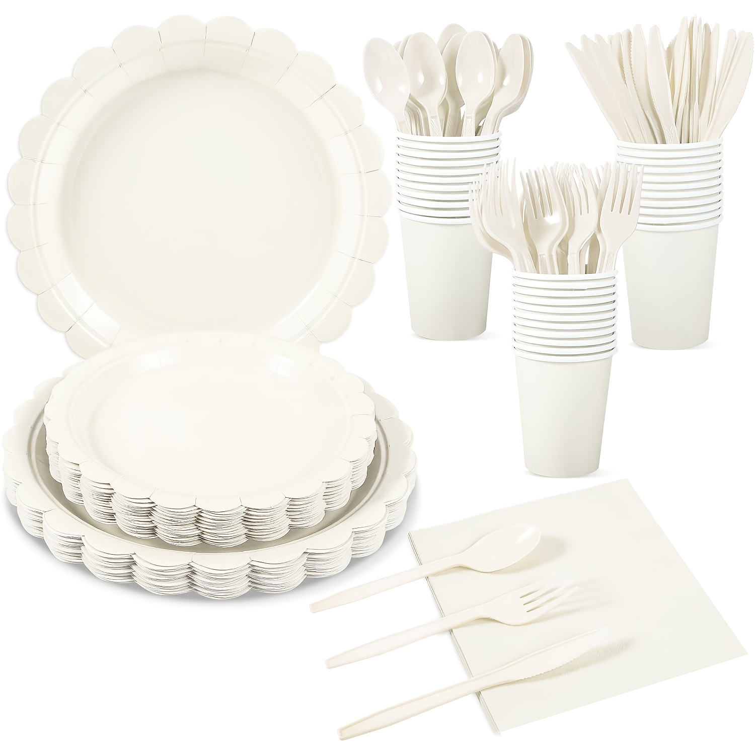TEMU 20 Sets Beige Lace Party Tableware Set, Thick Paper Plates (7 Inch & 9 Inch), Paper Cups, Napkins, Knives, Forks And Spoons Included, Serves 20