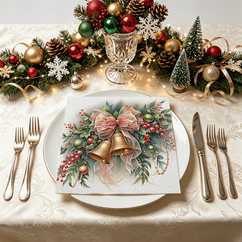 TEMU [ Product] 20pcs Christmas Napkins, Christmas Bells, Ribbon Bows, Holly Leaves, Red Berries, Golden Bead Chains, , , , Double-layer Embossed