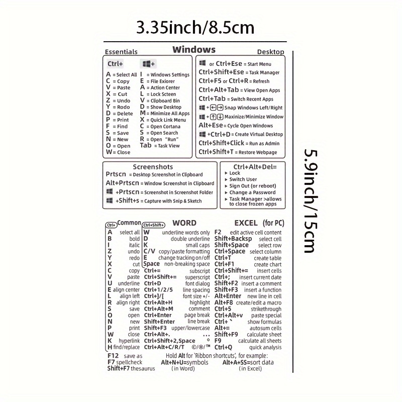 Keyboard Shortcut Sticker For Windows + Word/excel (for Windows) Quick Reference Guide, Made Of Non-residual Vinyl (transparent/small/combination)