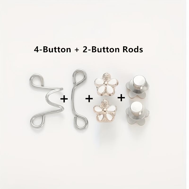 TEMU 1 Set Of 6 (4-button And 2-button Rods) Floral Waistband Tighteners - No-sew Detachable Pant Buckles, White/black, Sewing And Knitting Additions