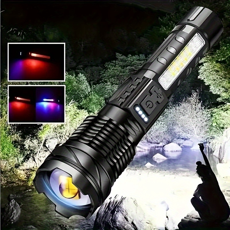 

adventure-ready" Ultra-bright Usb Rechargeable Flashlight With Red & Blue Warning Light - Zoomable, Long Range Torch For Camping, Fishing & Riding