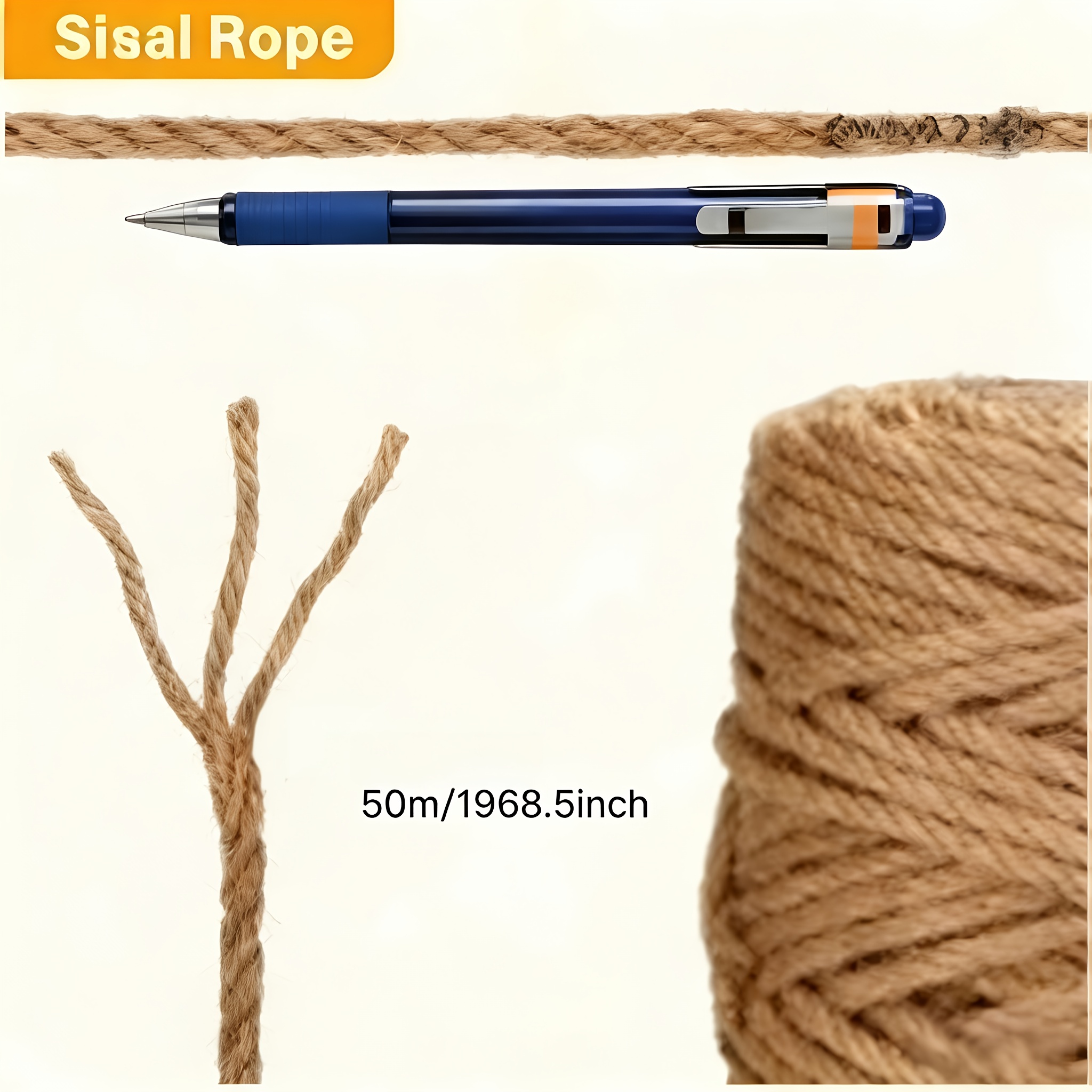 E-shop 50m Natürliches Juteseil, Robustes 6mm Dickes Hanfseil – Ideal für Kratzbäume, DIY-Bastelarbeiten, Blumenarrangements