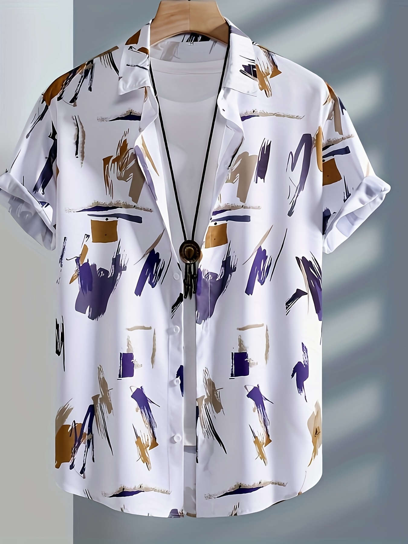 chemise à manches courtes imprimé blanc doré col Temu Morocco - Main Image