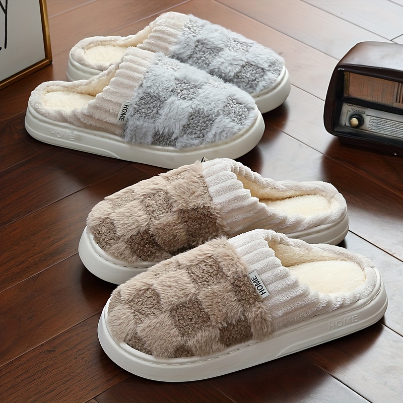 

Unisex-adult Plush Slippers For Indoor Use - , Fabric Upper, Eva Non-slip Sole, Thickened , Round Toe, Slip-on Design, Pattern, Universal