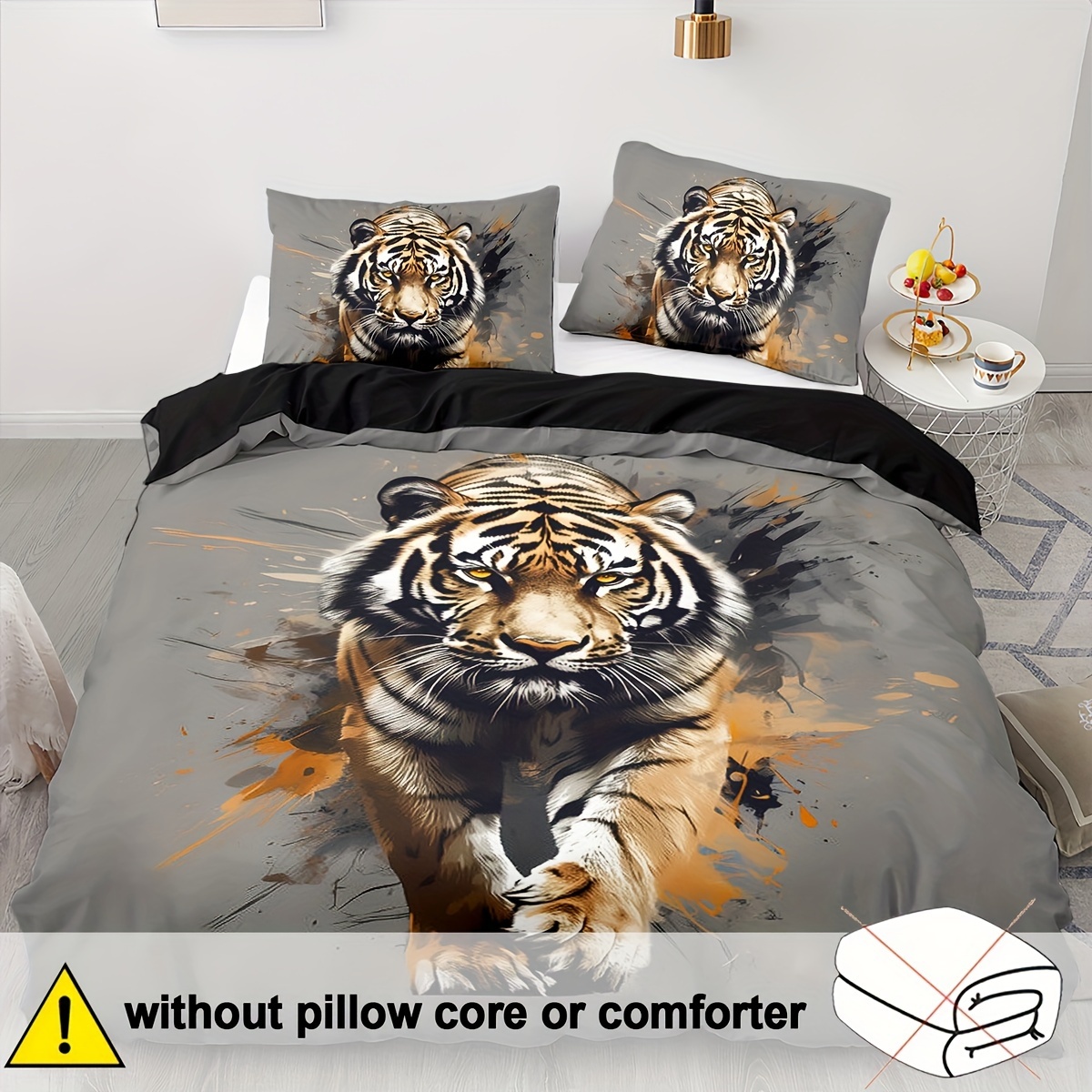 TEMU 2/3pcs Tiger Bedding Set Animal Duvet Cover Set Grey Comforter Cover Bedroom Decor 2d Bohemia Flat Printing (includes 1 Duvet Cover   1/2