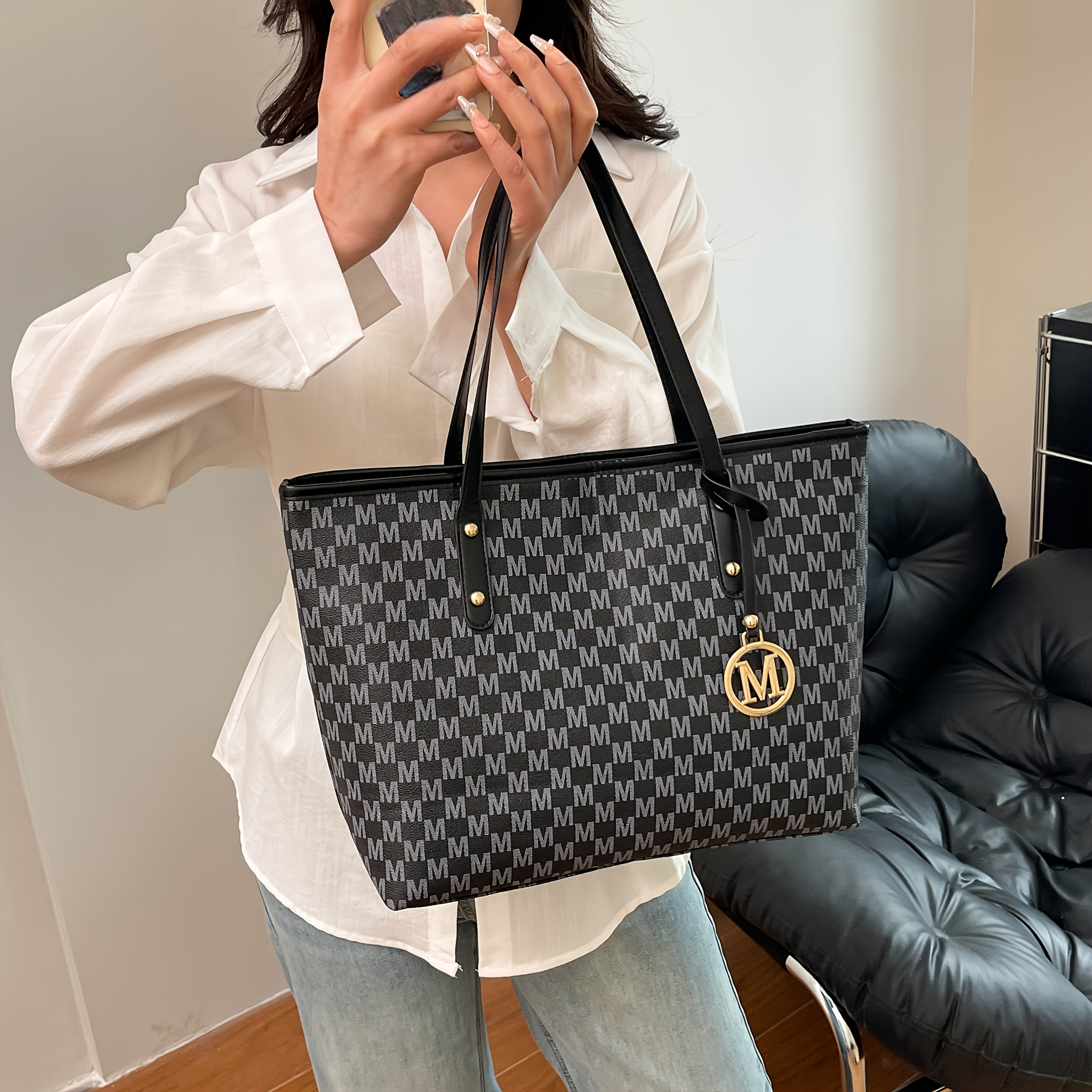 TEMU Women's Pu Large Capacity Tote Bag With Zipper Closure Suitable For Travel, Vacation & - Pu Letter M, Zippered Compartments Suitable For