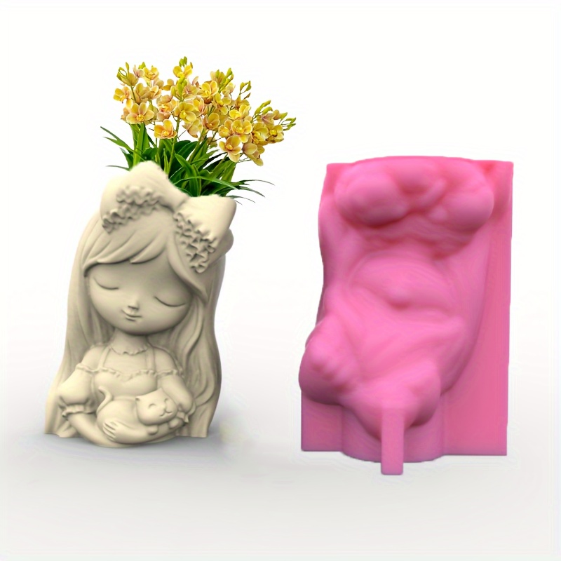 

Silicone Mold For Diy Crafts: Cute Girl With Cat And Plant Design, Perfect For Clay Or Resin Projects