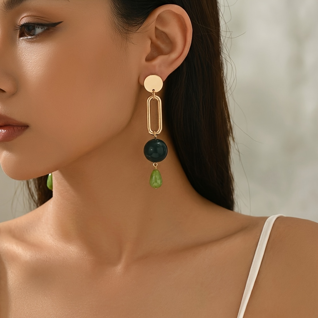 TEMU 1 Pair Women's Round Plate Long Snake Chain Dark Green Bead Water Drop Stone Long Pendant Earrings, Top Flat Round Plate Connecting Rectangular