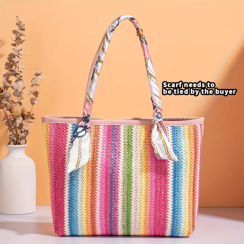 womens large capacity beach tote bag vibrant rainbow striped woven shoulder bag with magnetic closure durable polyester lining vacation and holiday use holiday accessory vibrant striped bag magnetic closure bag details 5