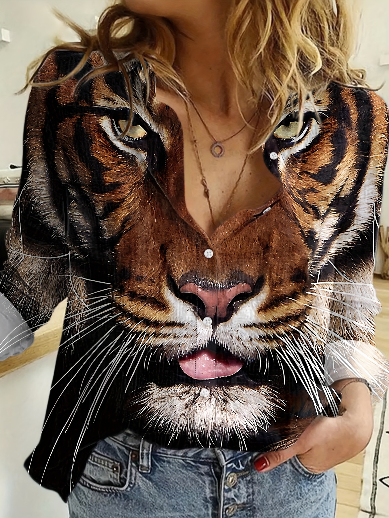 T Shirt Camisa Estampado Tigre Camisa Larga Mujer Estampado Retro