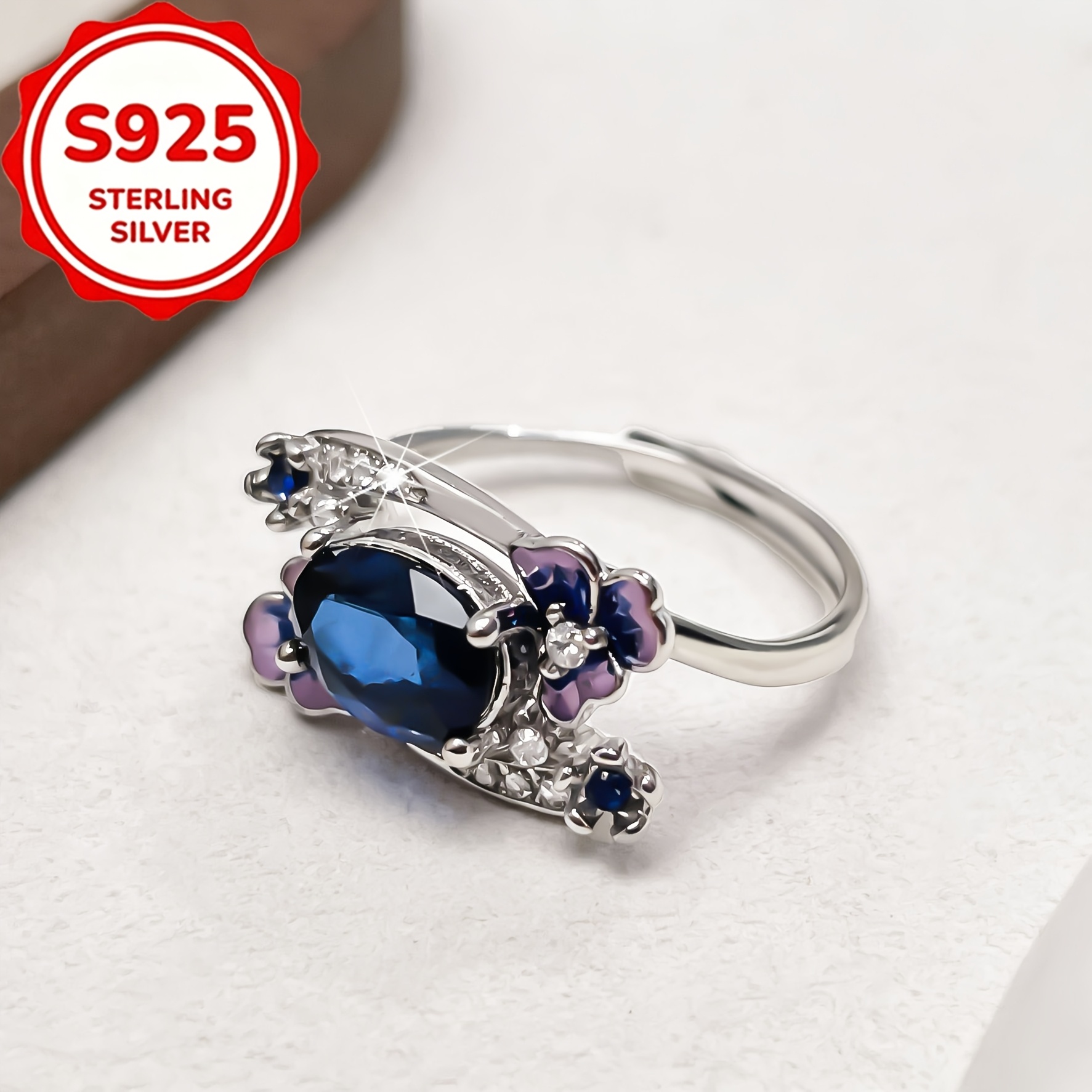 Women's S925 Silver Inlaid Blue Zirconia Open Ring, Light Luxury
