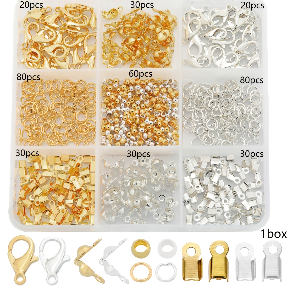 TEMU Jewelry Clasp Connector Set, Including 380pcs Per Box (40pcs Lobster Clasps, 60pcs Crimp Beads, 60pcs Crimp End Covers, 60pcs Bead Tips, 160pcs