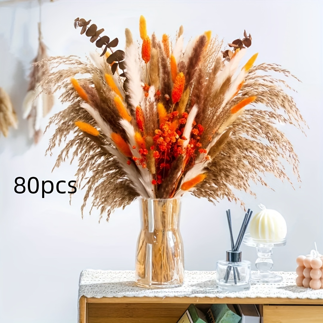 Image of 80pcs Of Dried Reeds And Grass In Orange Red Color, With Rabbit Tail Grass, Fine Eucalyptus, And Small Reeds Suitable For Bride Holding Flowers, Room Decoration, And Holiday Decoration