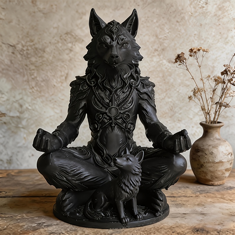 E-shop Gotische - Wolfsjunges-Meditationsstatue-Deko, Schwarze meditierende Wolfs-Skulptur, Dunkles Fantasy-Tier-Totem für Wohnzimmerregal,