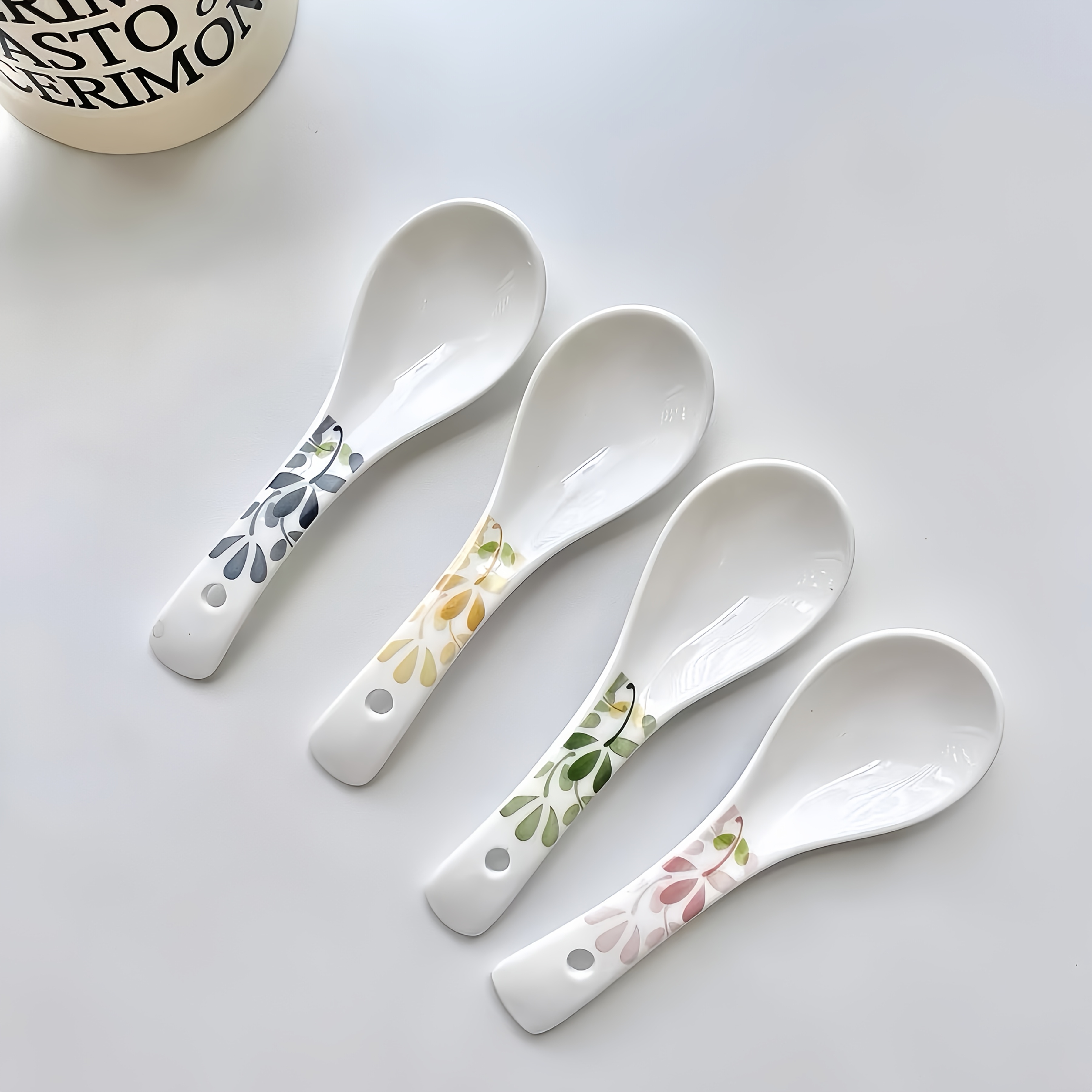 Image of 4/8-pack Ceramic Spoon With Seasonal Flowers, Underglaze Painting Material, 5.5 Inches, For Soup, , Rice, Milk, Multifunctional Use, Easy To Clean, Dishwasher Safe, Kitchen Tableware