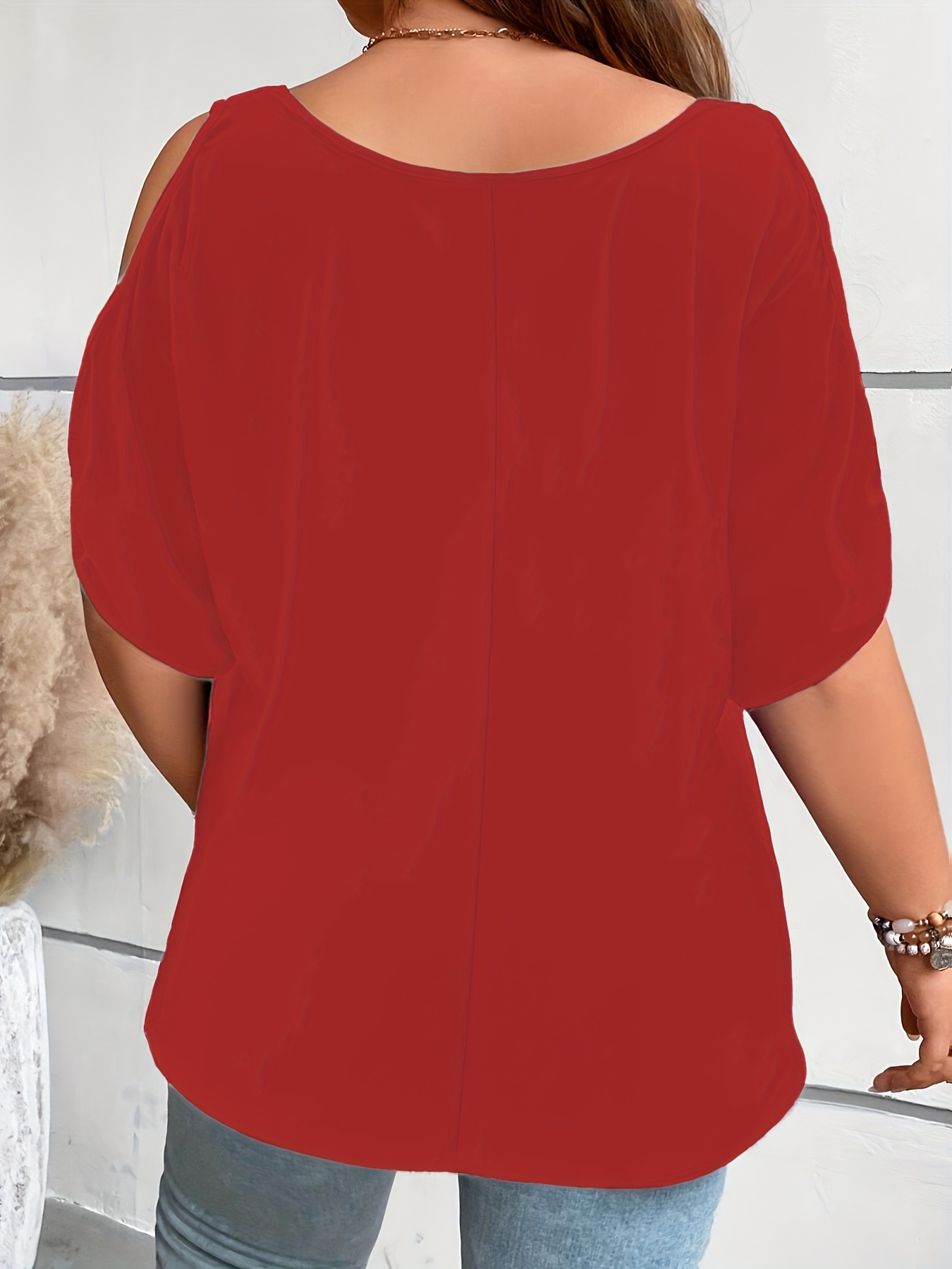 Plus Size Solid Cold Shoulder T-Shirt, Casual Crew Neck Short Sleeve T-Shirt, Women's Plus Size?Clothing
