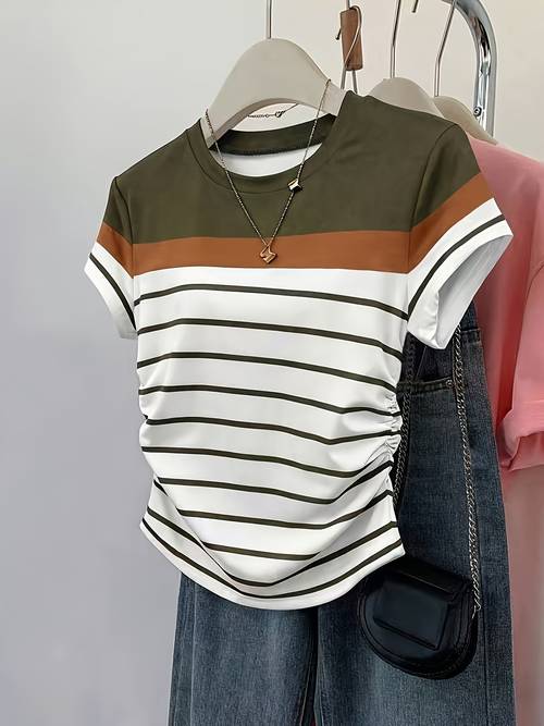 targeted style summer fashion versatile elegant womens t shirt waist cinching multicolor striped color block short sleeve t shirt