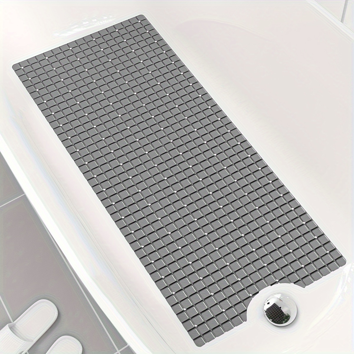 

Bath Tub Shower Mat Non-slip 16 X 39 Extra Long Bathtub Mats, Suction Cups, Drain Holes, Machine Washable Bathroom Mat, Grey