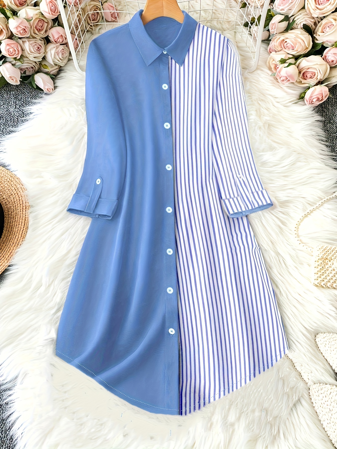 elegant blue white striped button shirt dress lapel collar Temu - Main Image