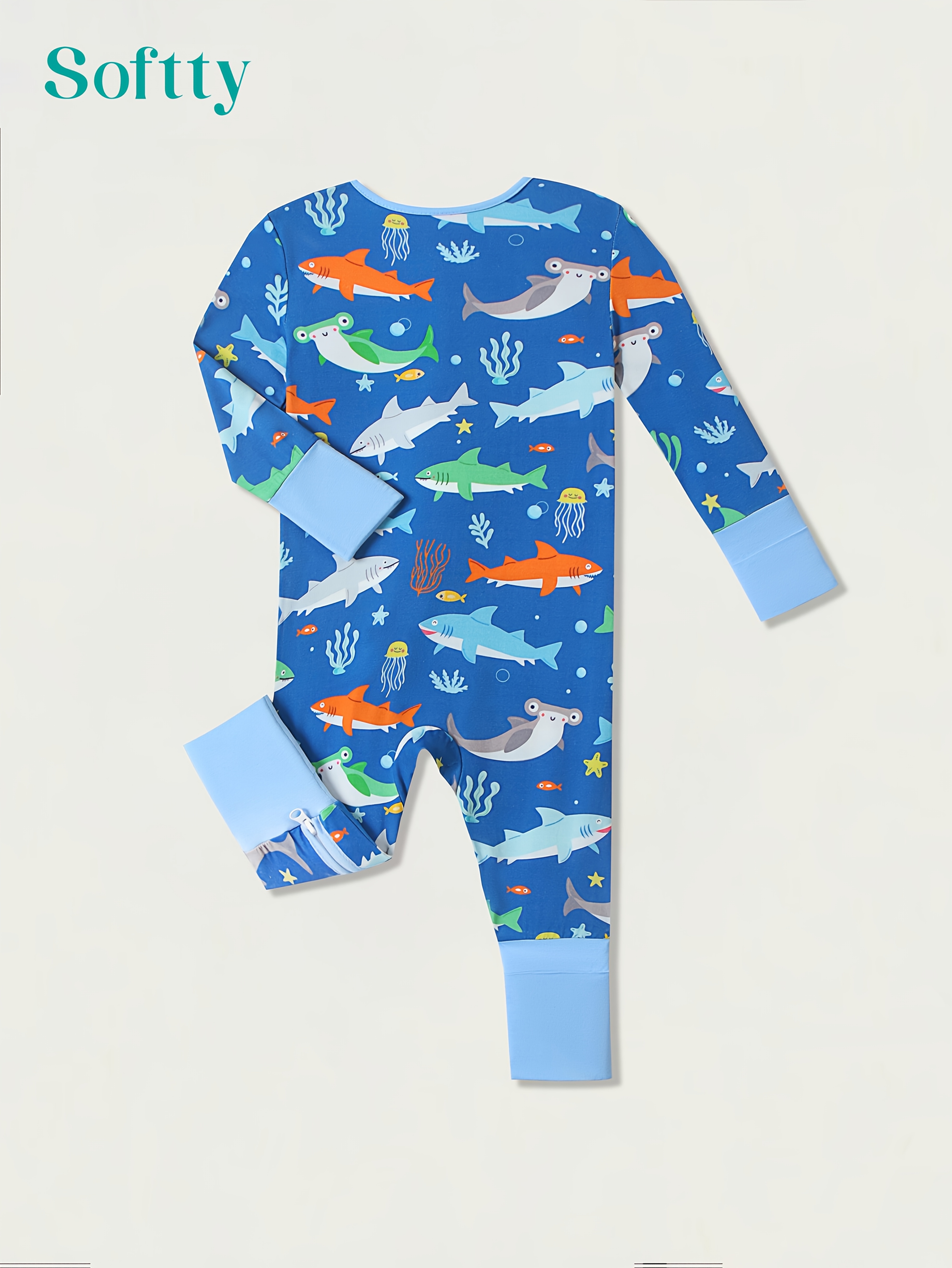 Soft Bamboo Fiber Long-Sleeve Onesie for Boys & Girls - Cute Shark Print, Dual Zipper, Hand & Foot Protection Design, High-Quality Print, Perfect for Outdoor