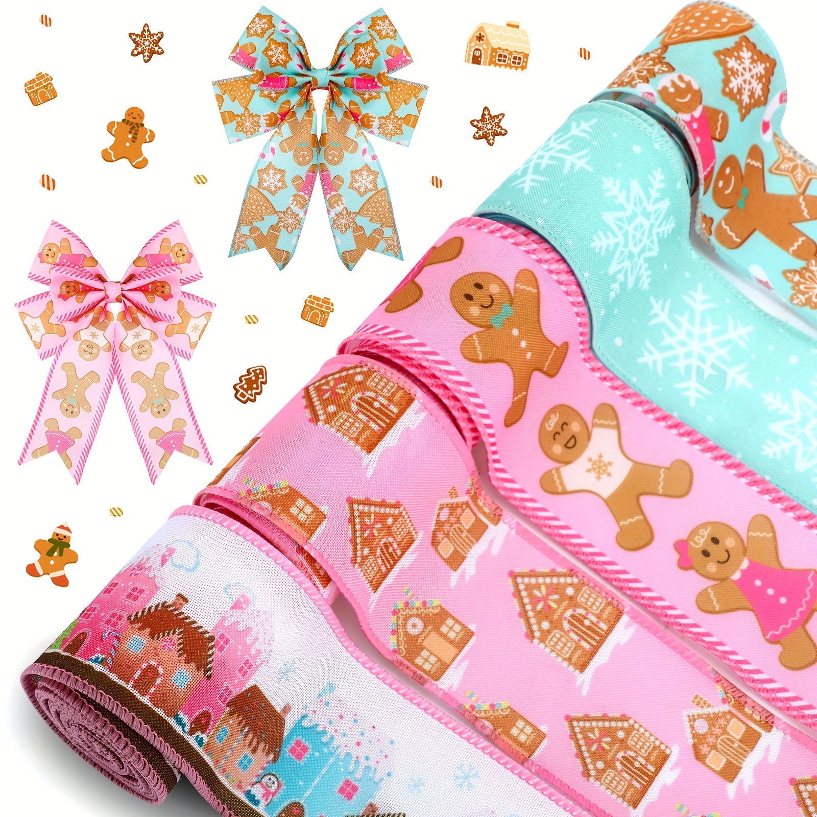 TEMU 5 Rolls Christmas Gingerbread & Candy Rainbow Wired Edge Ribbon - 2.5in Wide Fabric Strip With Pre-made Edges For Xmas Tree Decorations, Gift