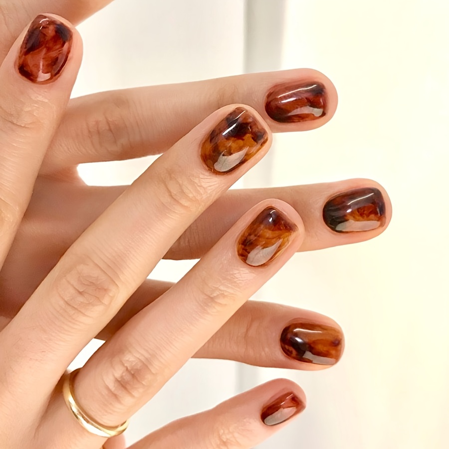 TEMU Style Instantly With This 24pcs Short Amber-colored Minimalist Fake Nail Set, Complete With And A Nail File, Perfect For Parties And Casual Attire