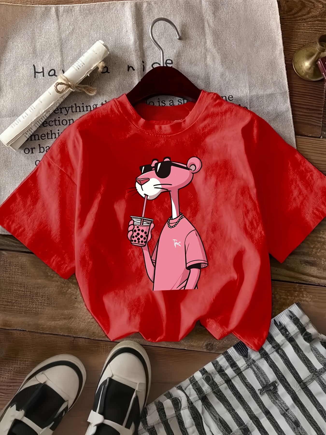 Women'S Casual Crew Neck T-Shirt with Cute Cartoon Print, Short Sleeve, Regular Length, Slight Stretch Fabric, Pink Tigger Design, Soft Polyester Material, Perfect for Casual Attir