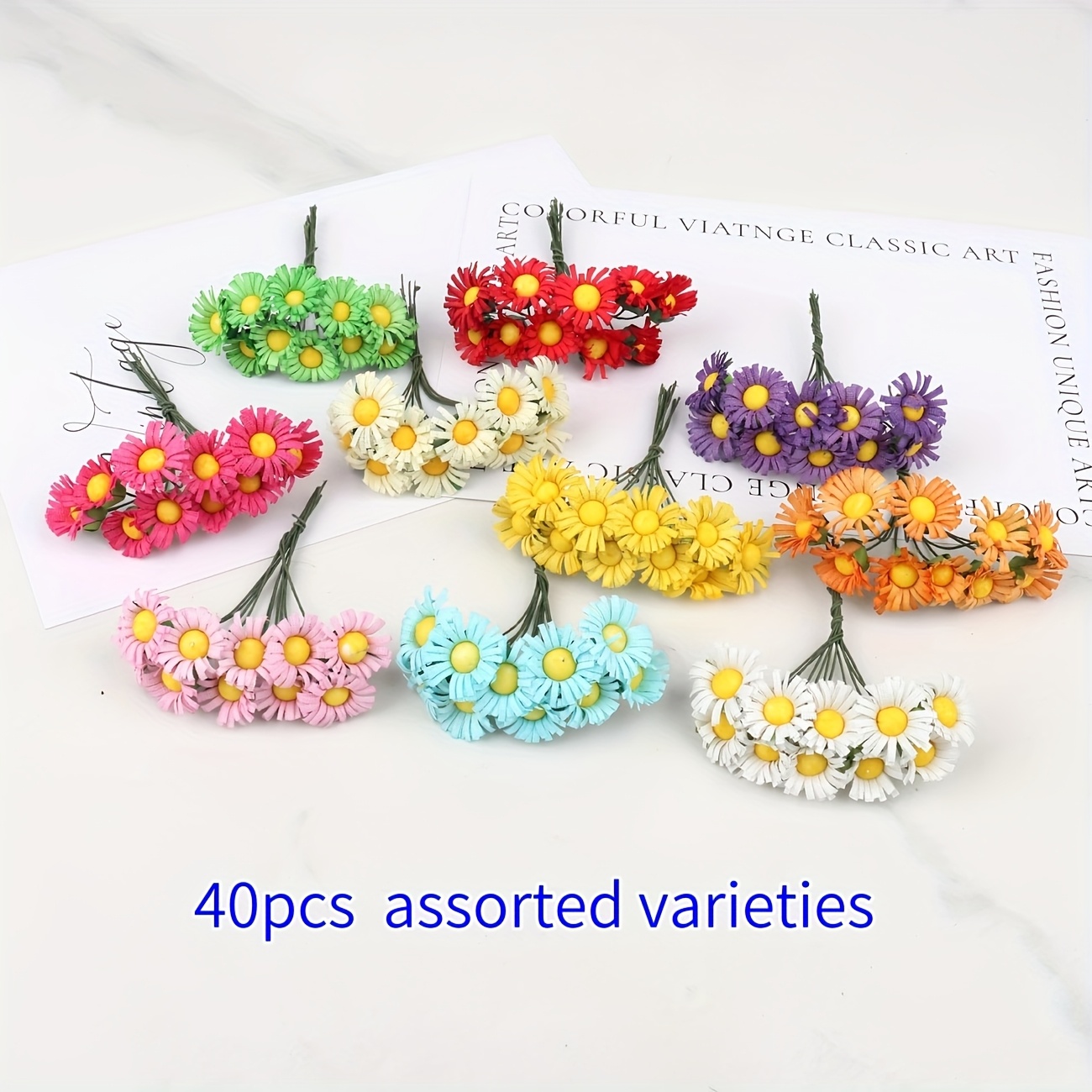 40pcs Random Mixed Colors Artificial Small Daisy Sunflower Bouquet Mini Chrysanthemum Decoration Gift Box Wedding Bridal Headpiece Dried Flowers Fabric Wild Mini Chrysanthemums