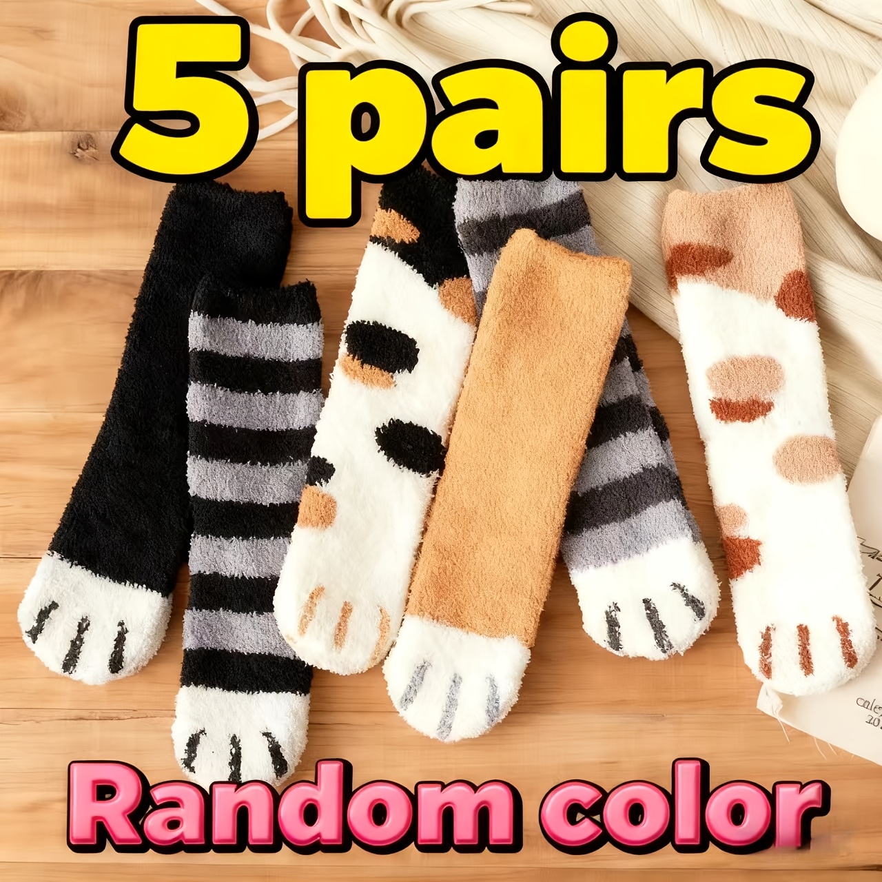 TEMU Random 3/5 Pairs Coral Fleece Socks Women's Winter Fleece Thick Warm Plush Sleep Socks Cute Cat Paw Towel Floor Socks Comfortable Trendy