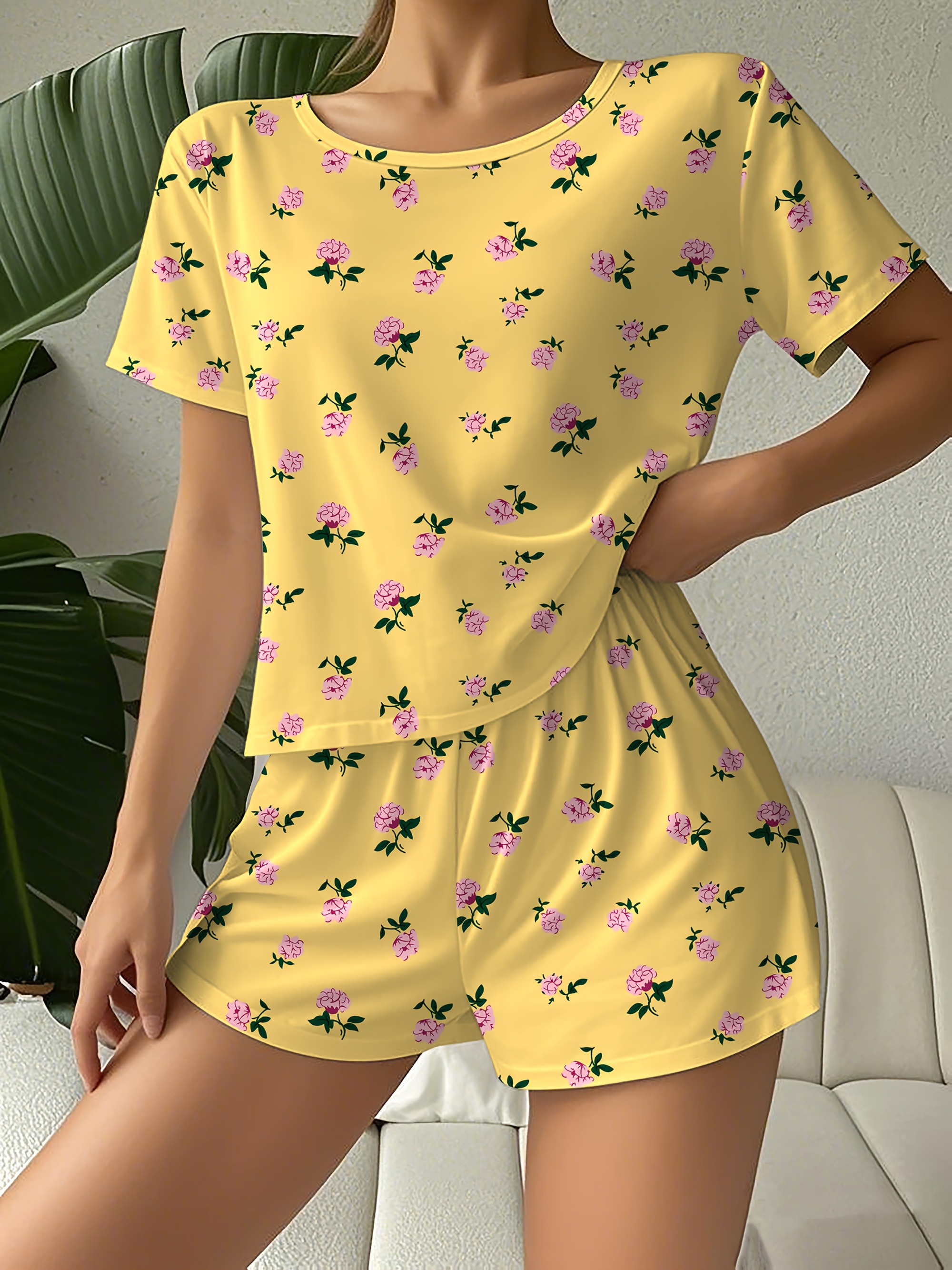 Womens Pajama Set Casual Minimalist Floral Theme Soft Loose