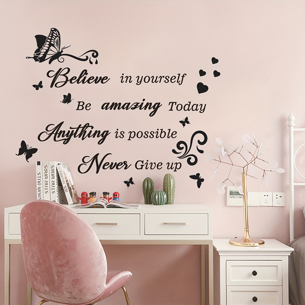 1pc inspirational quote wall decals black vinyl butterfly stickers believe in yourself never give up removable self adhesive decor for home office study room