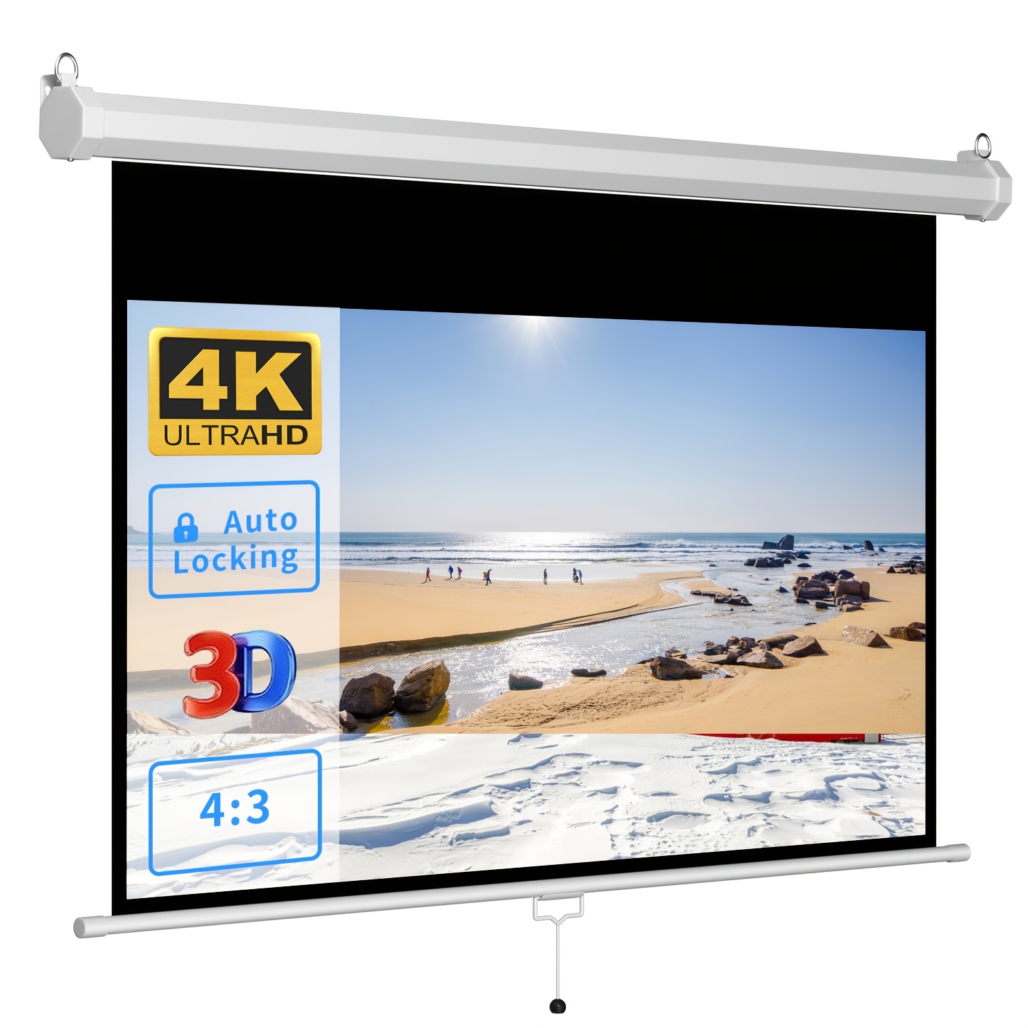 TEMU 100 Zoll 4:3 Ausziehbarer Projektorbildschirm, HD 4K Einziehbarer Filmprojektor Anti-Falten für Heimkino Innen, Büro Präsentation, , Outdoor,