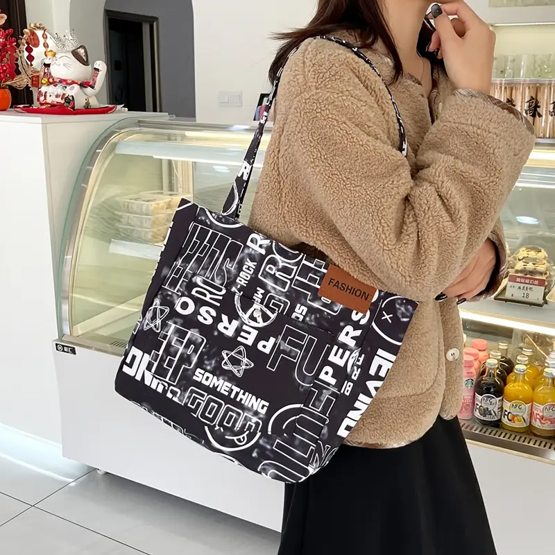 1pc steampunk style oxford cloth tote bag fashion shoulder bag with fixed straps foldable with magnetic closure polyester lined large capacity graffiti letter print shopper details 4