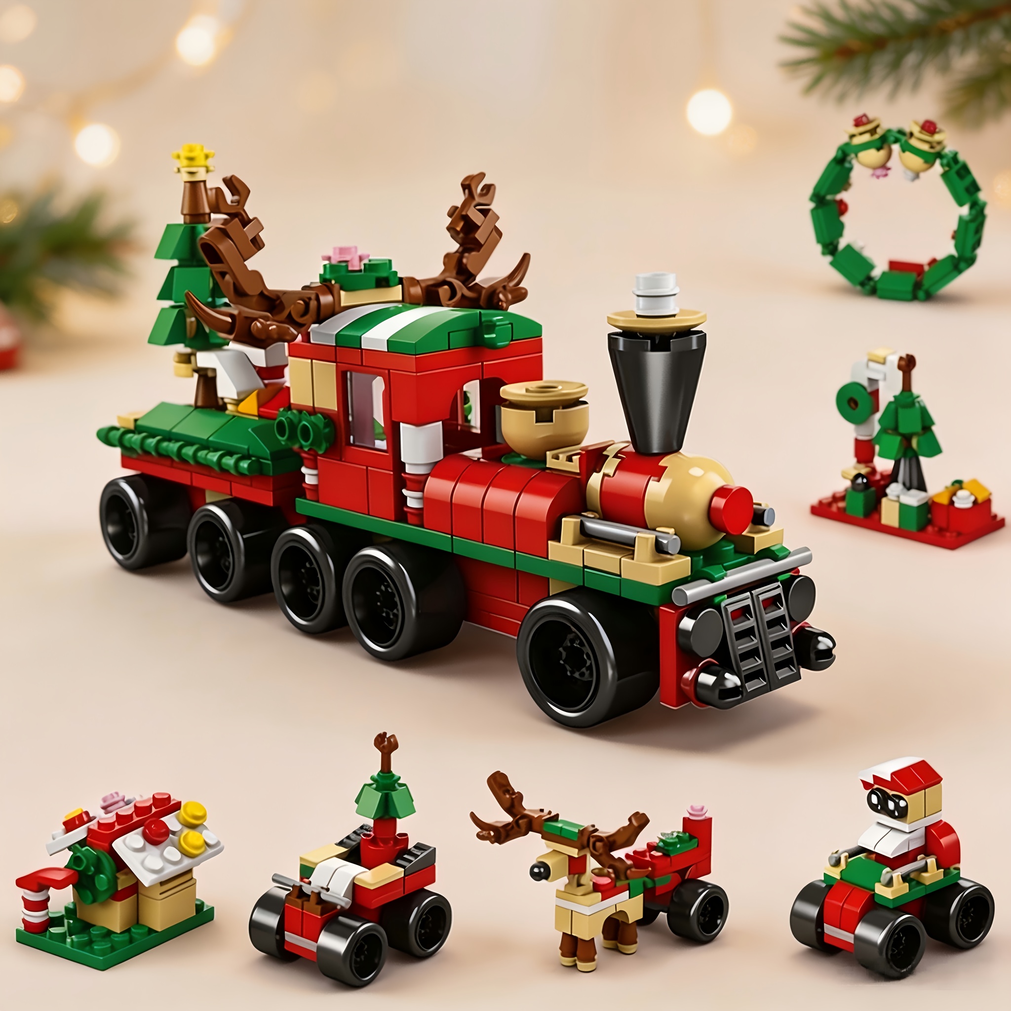 TEMU Christmas Train Block Set, 6-in-1 Assembly Bricks Toy, Includes Santa Claus, Reindeer, Wreath, House And Other Elements, Educational Building