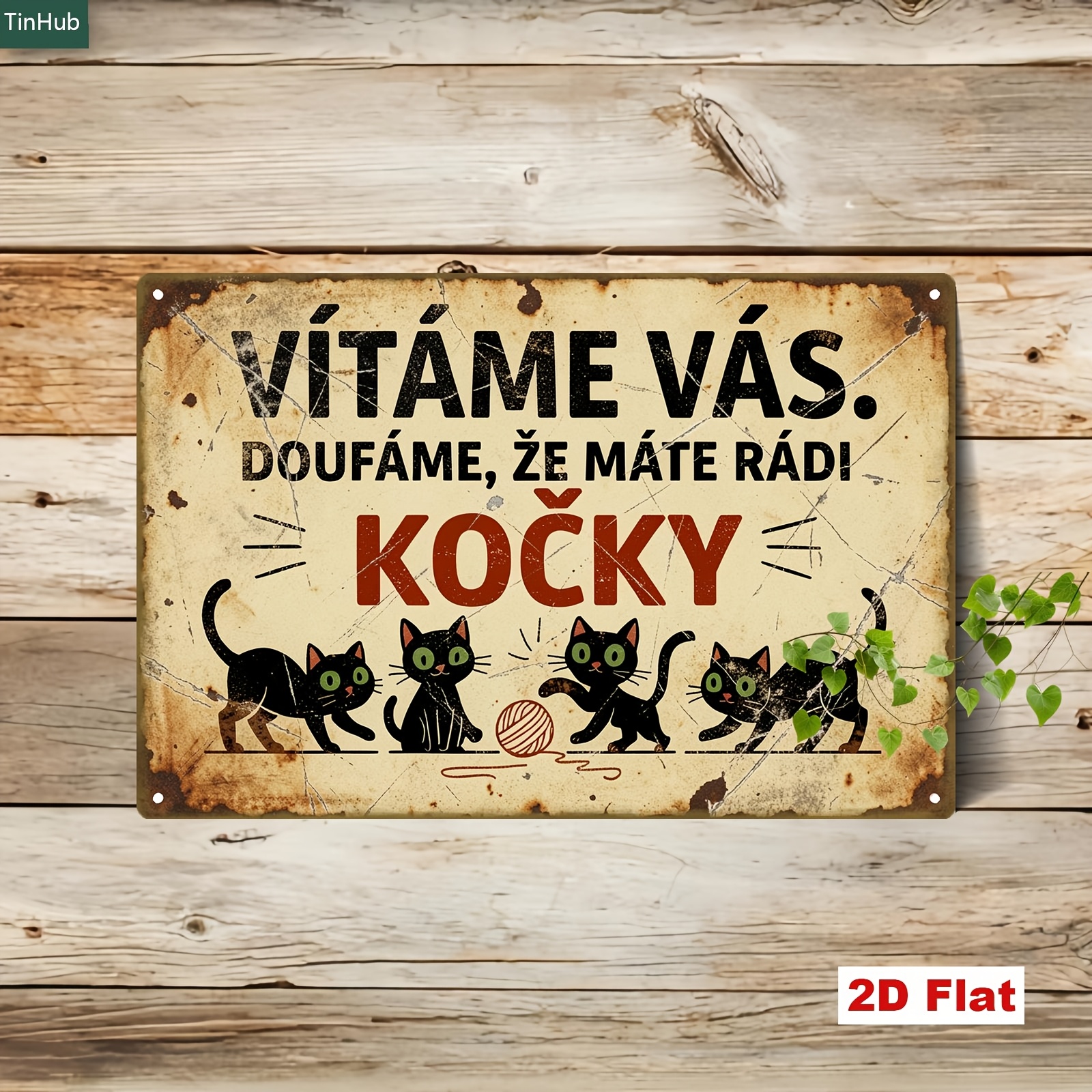 TEMU 2d Flat, 2d Flat 1pc Of Vintage Czech Cat Metal Sign, 20x30cm Iron Decorative Painirong, Printed With Welcome Message And Cute Black Cat Playing