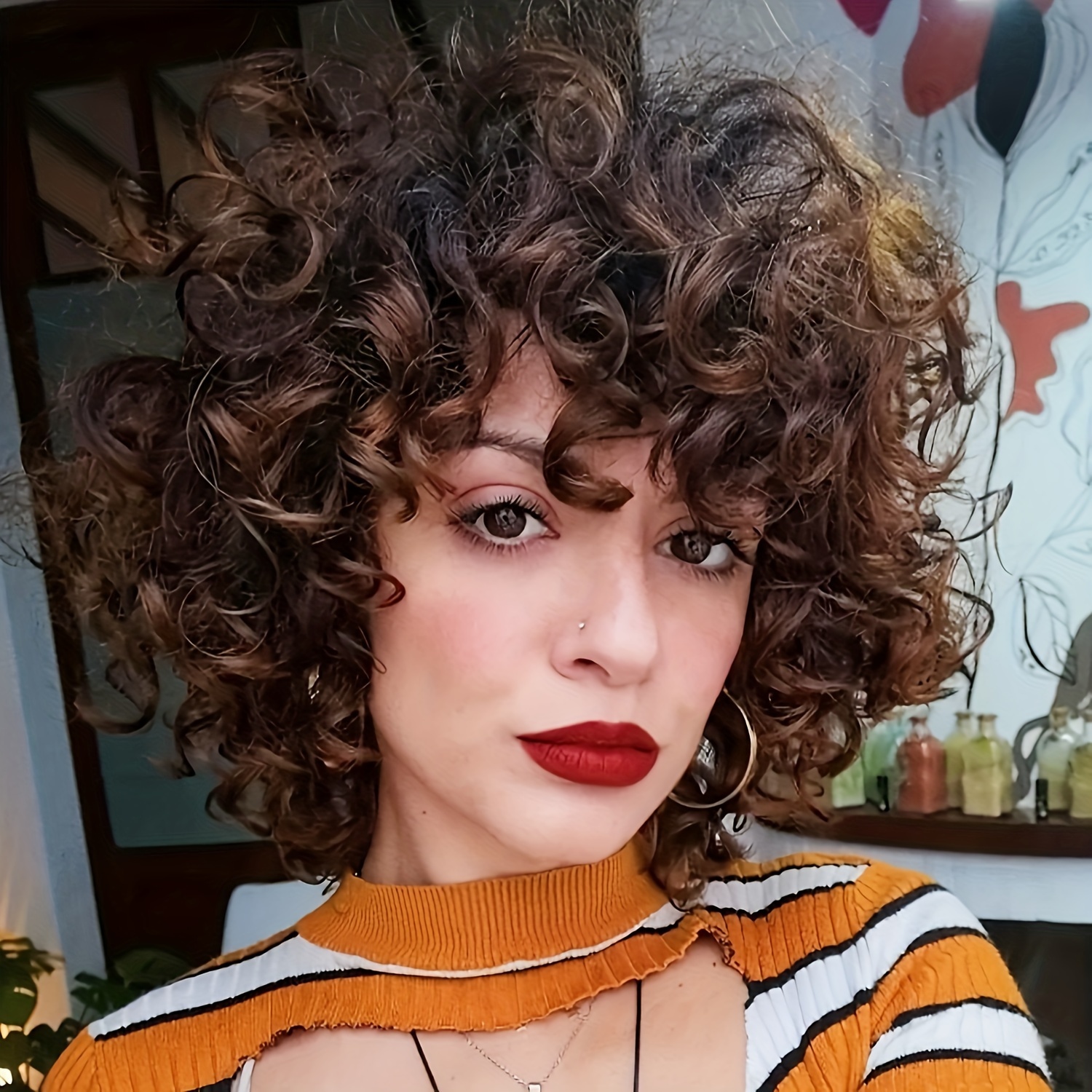 Grey Curly Wig With Bangs For Women Afro Curly Synthetic Wigs Ombre Color Heat Resistant Short Curly Wigs Hair For Daily Party Use