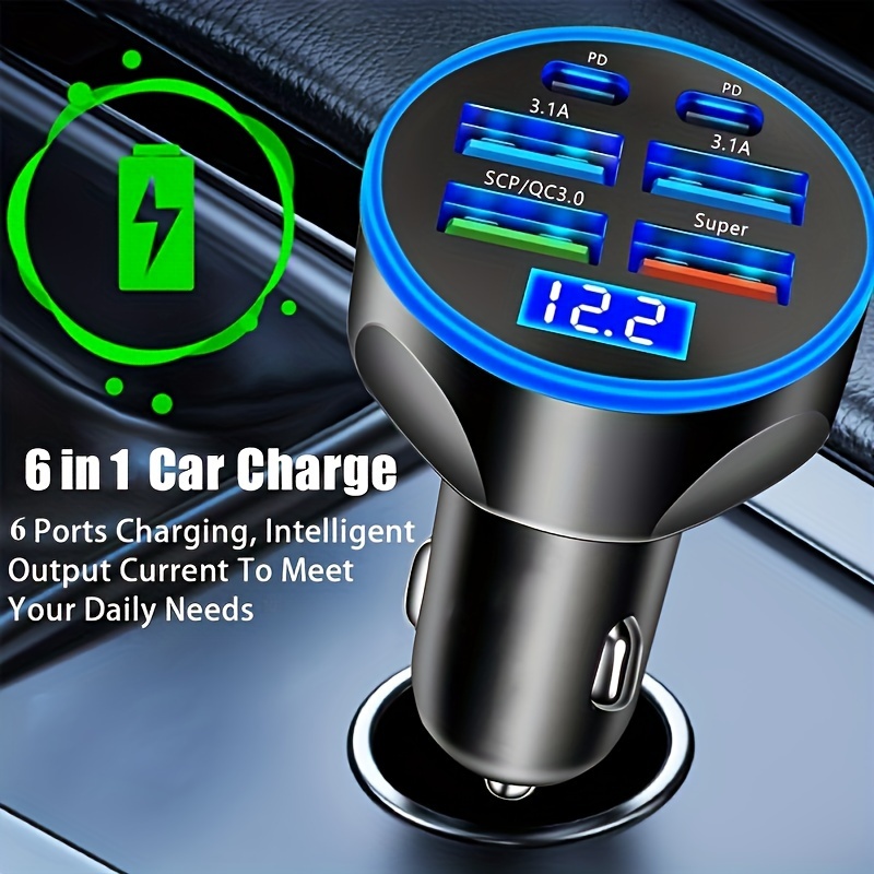 TEMU 6-port Usb Car Charger With Dual Pd Port Ultra-fast Charging Adapter With Led Voltage Monitor, 4usb And 2 Type C Multi-port Car Accessories