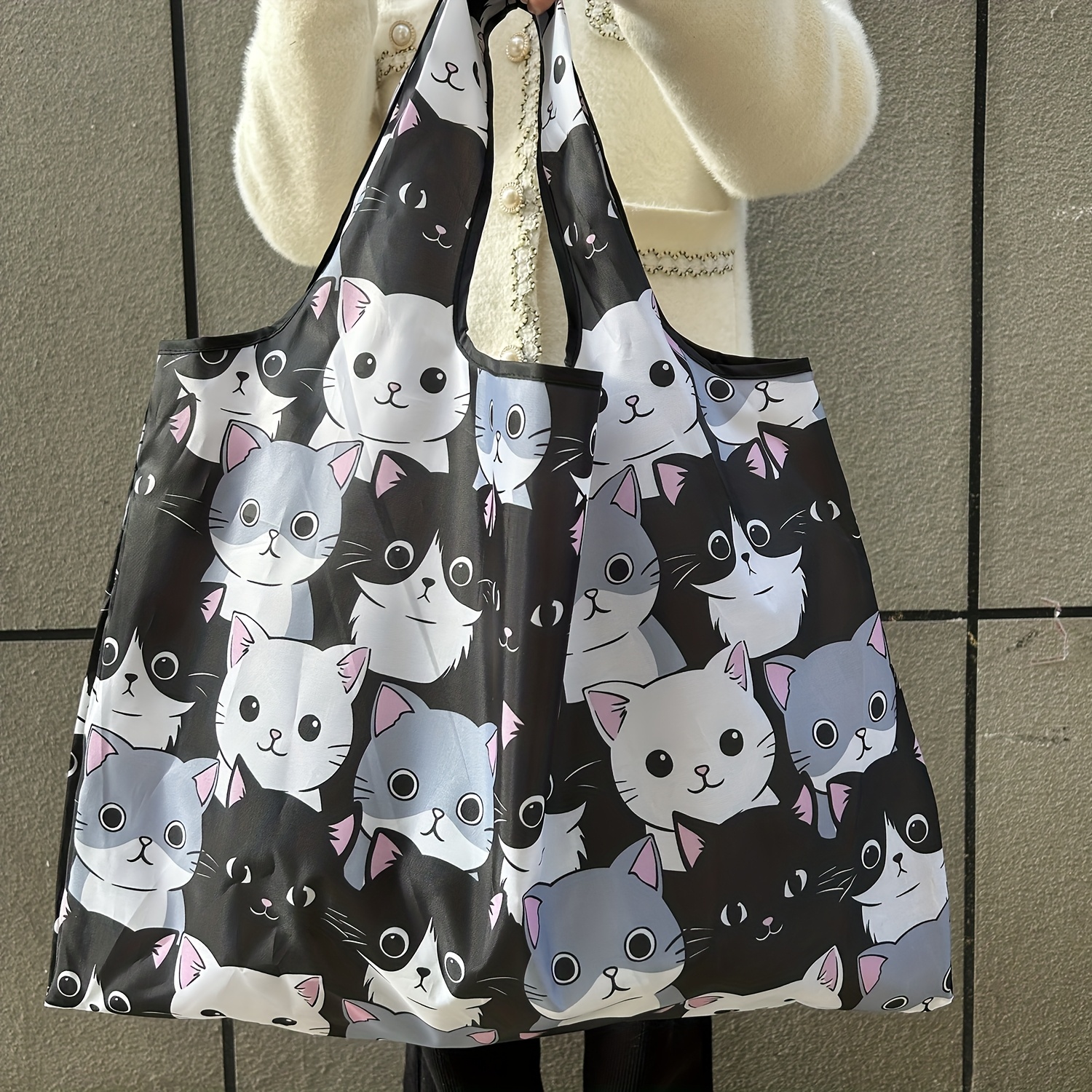Image of Women's Lightweight Foldable Tote Bag With Cute Cat Print - Durable Nylon, Large Capacity, Shoulder Strap, Groceries, Kitchen & Daily Use, Shopping Bag