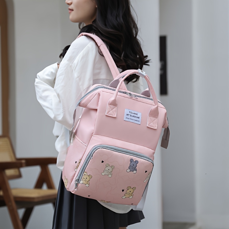 Mochila para Pañales de Mamá con Estampado de Oso, Bolsillo Aislante y Correas para Cochecito, Ideal para Trabajo, Viajes y Vacaciones