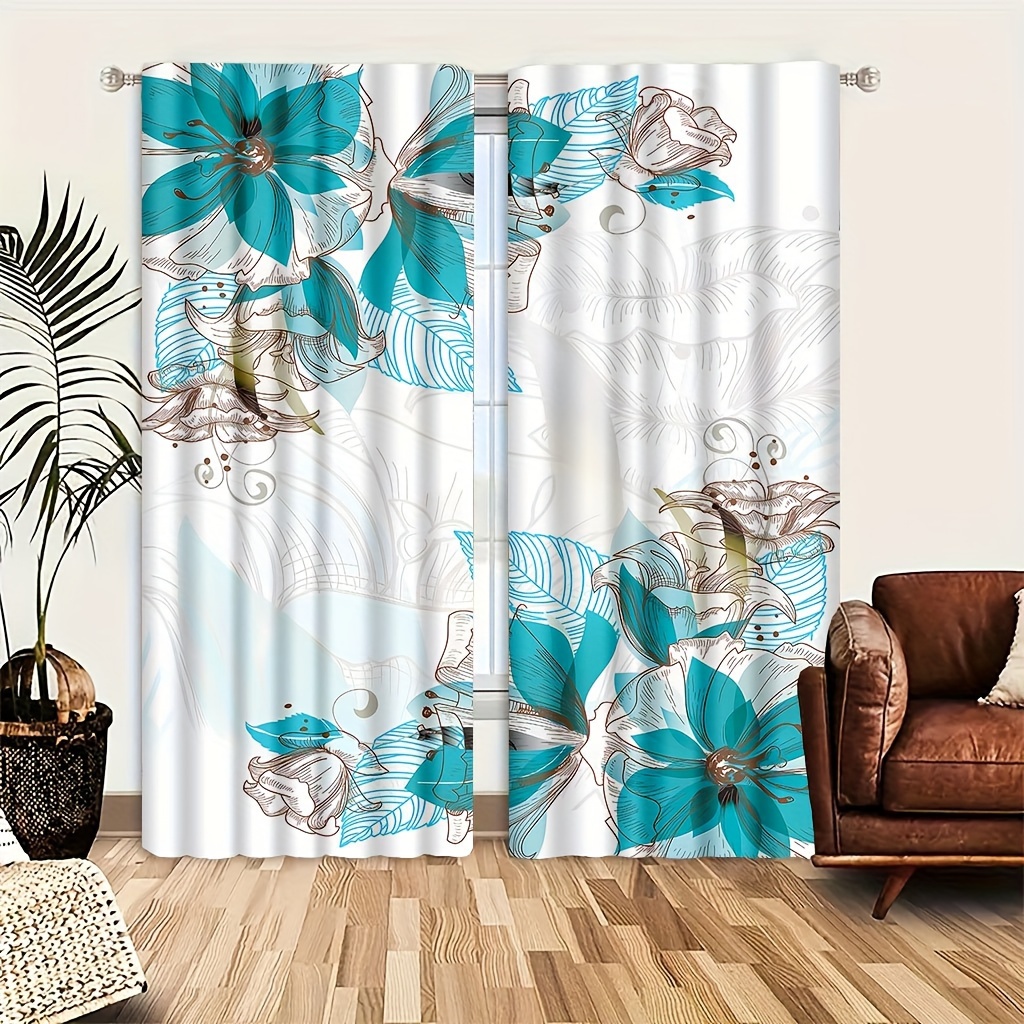 

Elegant Floral Print Curtain Set, 2-piece - Machine Washable Polyester Drapes For Bedroom, Living Room & Dining Decor