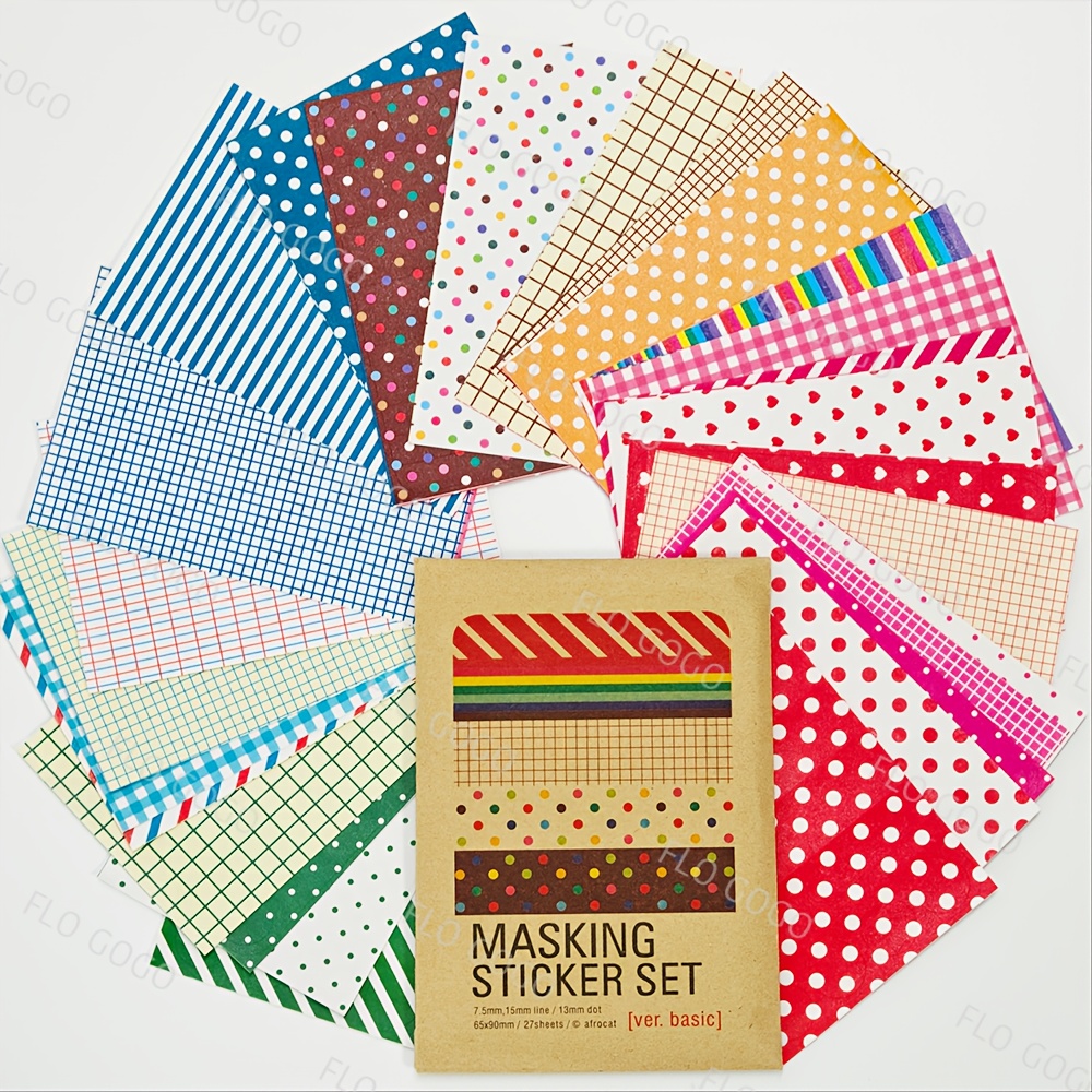 TEMU 27pcs Unique Washi Sticker Set For Journaling Scrapbooking - Tearable Self-adhesive Dots Grid Stripe Paper Stickers For Craft, Planner, Notebook