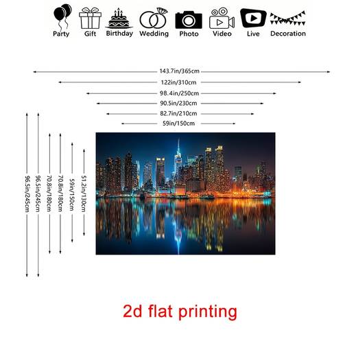 printim i sheshtë 2d, 1 copë sfond fotografik blu profesional pamje e lartë panoramike qyteti hënë e natës, të ndriçuara vibruese reflektuese uji me