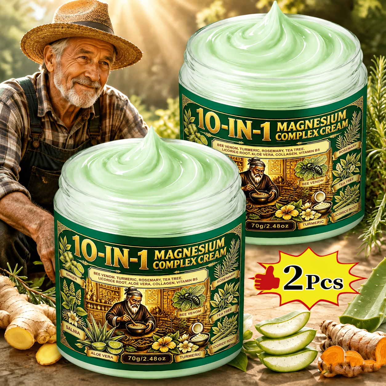 Image of 2pcs Concentrated - 10-in-1 Magnesium Compound Cream - Joint Skincare Cream - | Contains Bee Venom, Magnesium, Ginger, Rosemary, , , Root, Retinol, Hyaluronic Acid, Vitamin C