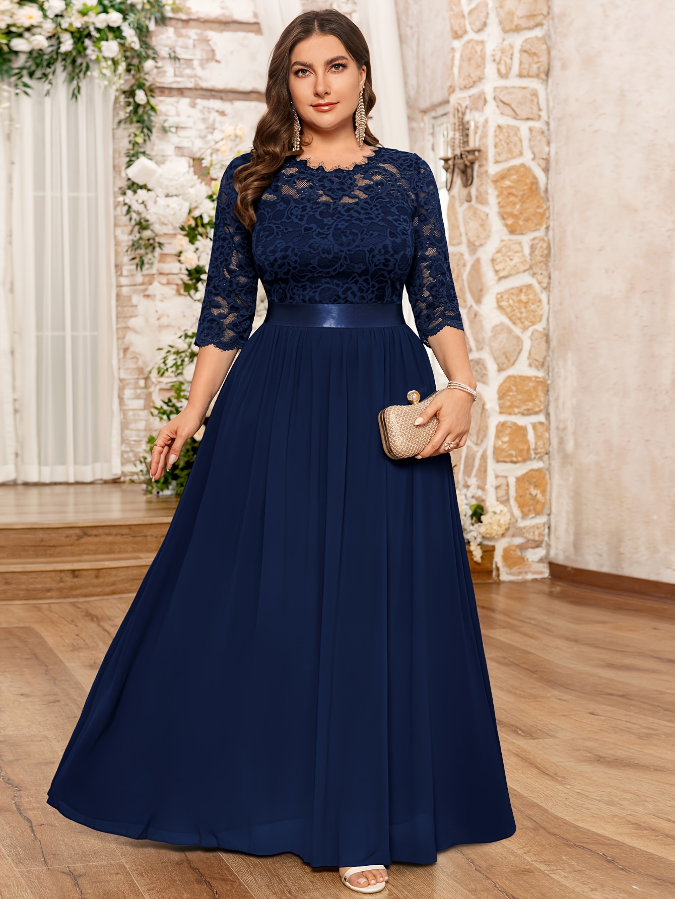 Plus Size - Plus Size - P2001 Elegant Plus Size Floral Lace Chiffon Gown,  Round Neck, 3/4 Sleeves * Formal Events, Weddings, Parties
