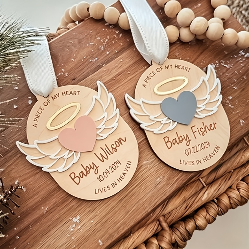 Angel Wing Heart Wooden Hanging Ornament, Personalized Keepsake