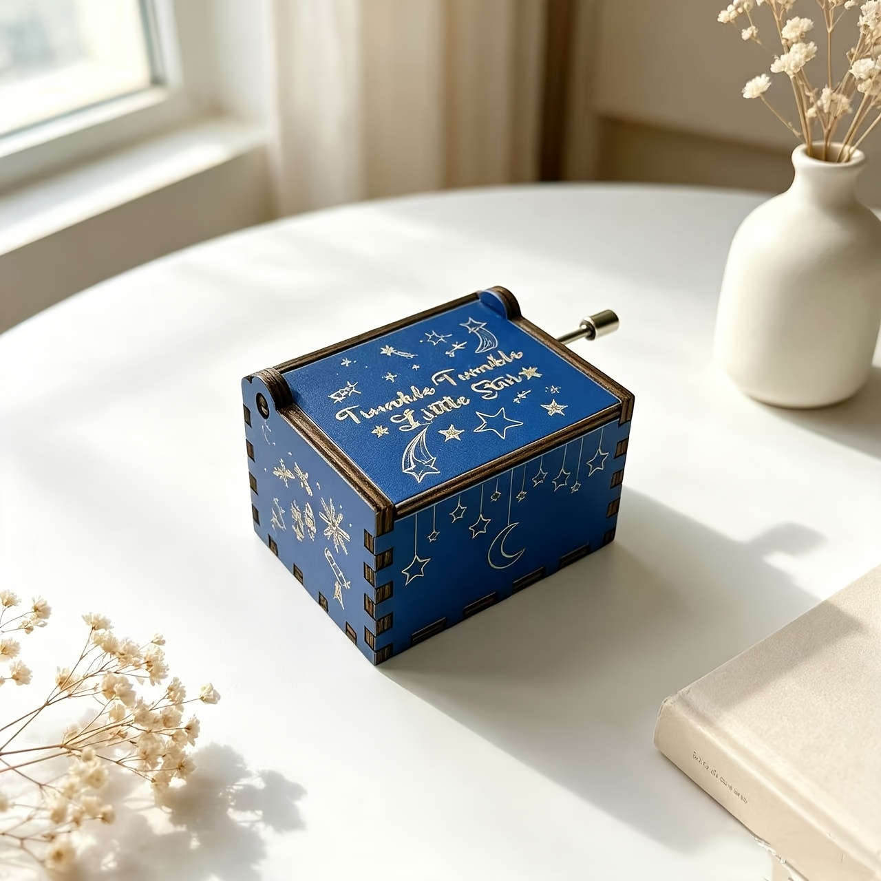 TEMU 1pc Blue Vintage Manual Music Box With & & - Suitable For Room, Decor, -free Operation, Artificial Wood, Weddings, Housewarming