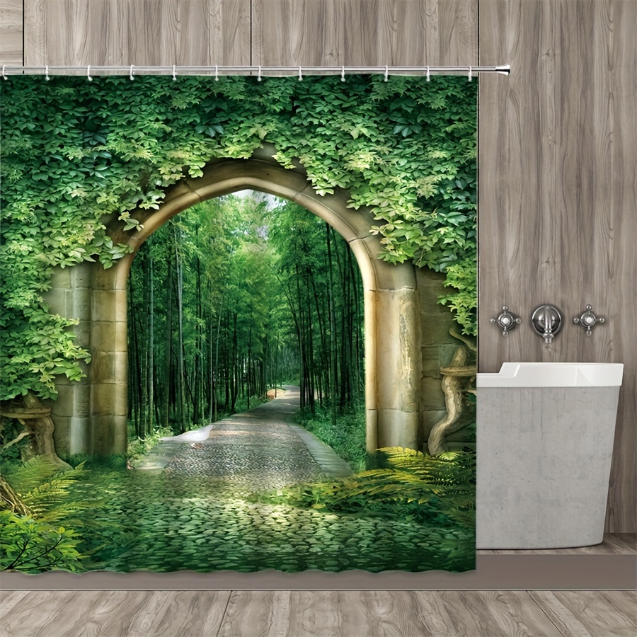 

1pc Door Plants Printed Shower Curtain, Waterproof Shower Curtain With Hooks, Green Decorative Bathtub Partition Curtain, Bathroom Decor Accessories